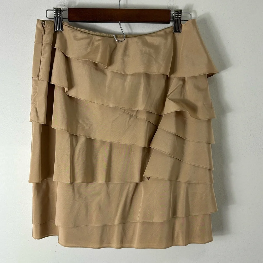 Ralph Lauren Black Label Silk Ruffle Skirt‎ Gold Beige Silk Lined Women’s 6 EUC